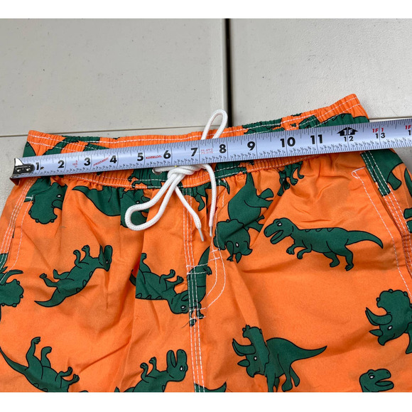 Orange Green Dinosaur Print Big Boys Medium Swim Trunks Swimwear Lined Shorts - Picture 4 of 7